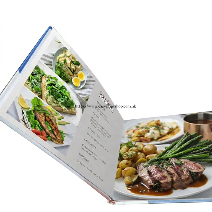 鎖線書刊-An interior view of the opened booklet, showcasing the lay-flat capability of the thread-sewn binding, detailed food photography, and crisp printed menu text A closed view of the thread-sewn booklet featuring a clean, striped cover design with "Donut" branding, demonstrating professional print finish and sturdy construction